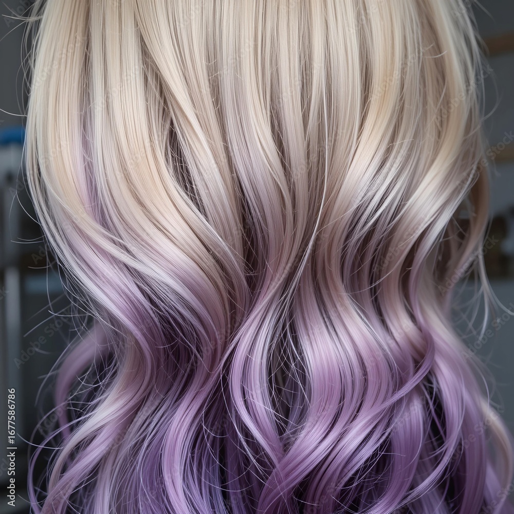 Naklejka premium Beautiful blonde hair with purple ombre highlights and soft waves close up view