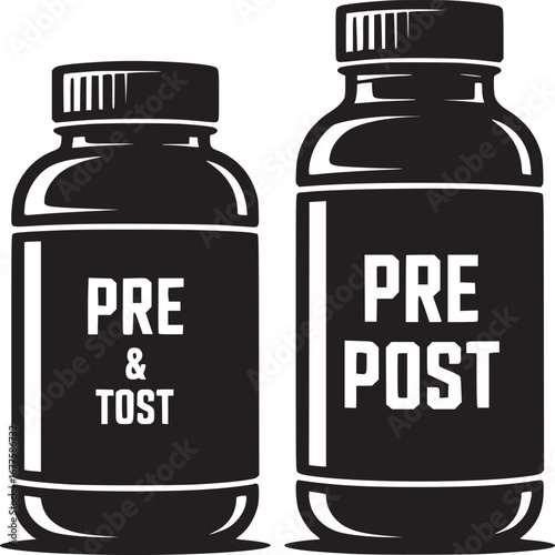 Two black and white supplement bottles labeled pre and tost and pre post on a white background
