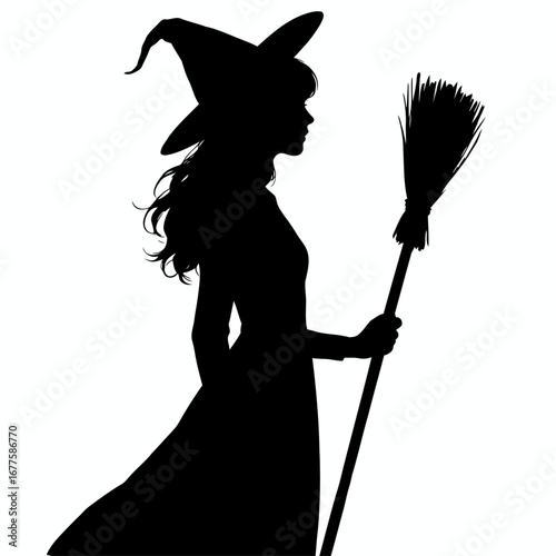  Witch with Broom Silhouette Halloween Vector