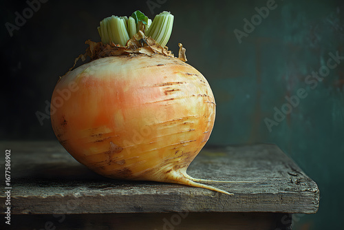 Close-up of Single Golden Beetroot on Rustic Wooden Surface, Dark Background