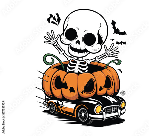 Baby skeleton popping out of pumpkin car isolated on white background