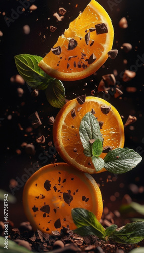 Oranges with chocolate and mint on black background