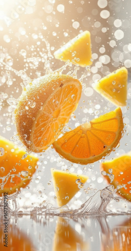 Oranges falling into water on a white background
