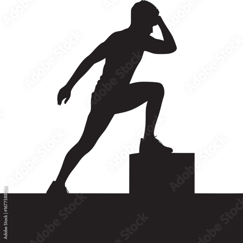 Silhouette of a man stepping onto a box with his hand on his forehead against a white background