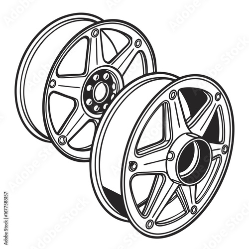 Two detailed alloy wheels, isometric black and white vector illustration, car rim design, isolated on white background, technical automotive sketch
