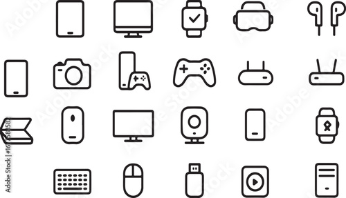 Modern technology icons set featuring smartphones laptops cameras vr headsets gaming controllers and audio devices