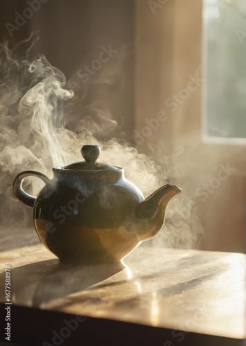 Steam Rising from Ceramic Teapot in Soft Morning Sunlight
