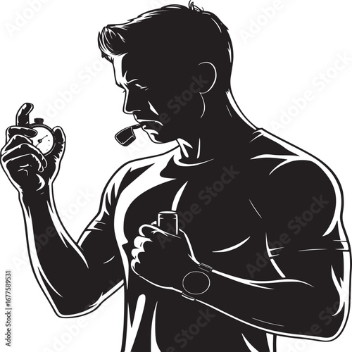 Silhouette of a man holding a stopwatch with a pipe in his mouth and a bottle in his hand isolated