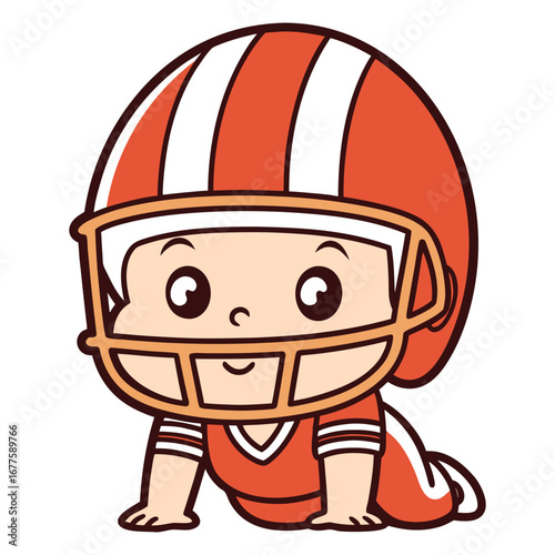 Adorable Baby in Football Gear A Whimsical Illustration Featuring a Cute Infant Wearing a Striped Football Helmet and a Matching Uniform Ready to Play