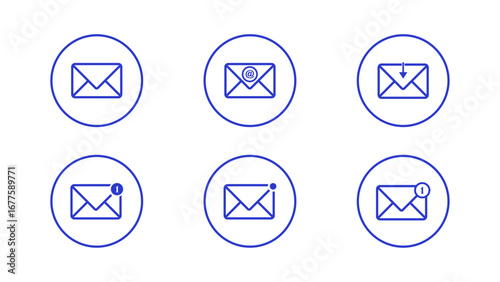 Vector icon set for email , alert, received mail, notification and inbox with unread message and envelope symbol in circle(Blue stroke only)