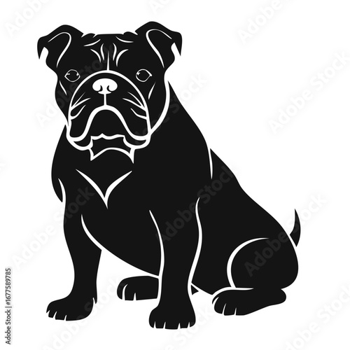 Sitting Bulldog Silhouette Vector | Wrinkled Face with Prominent Underbite Black and White Illustration