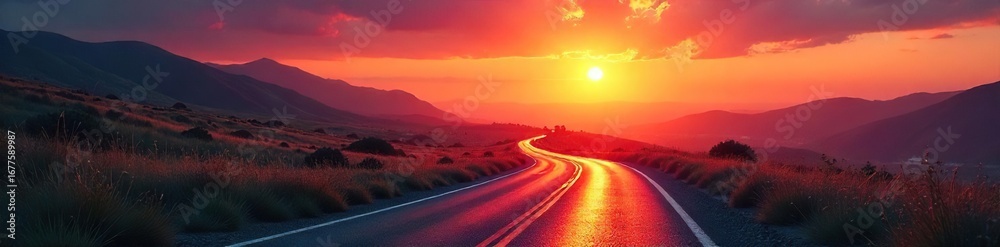 Fototapeta premium A winding road disappearing into a vibrant sunset, symbolizing the unknown possibilities and exciting journey ahead Perfect for concepts of progress, ambition, and the future , path, horizon