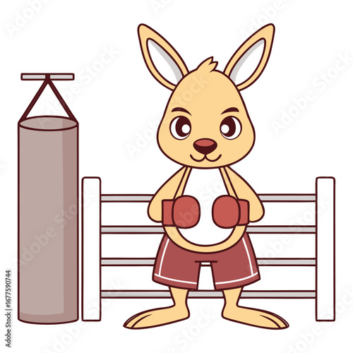 Kangaroo Boxer Ready to Rumble Cartoon Character with Boxing Gloves and Punching Bag in a Boxing Ring Cute and Playful Design for Kids