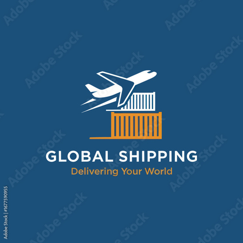 A modern logo for a global shipping company featuring an airplane flying over shipping containers, with the text "GLOBAL SHIPPING Delivering Your World".