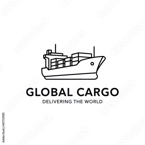 Line art illustration of a cargo ship, with the words "GLOBAL CARGO" and "DELIVERING THE WORLD" below it.