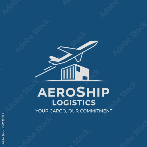 A modern logo for AeroShip Logistics, featuring a stylized airplane taking off from a shipping container, symbolizing air cargo and global delivery services.