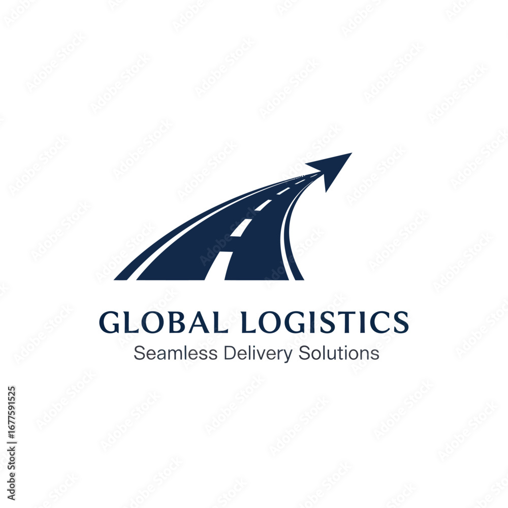 Fototapeta premium A dark blue logo for Global Logistics featuring a stylized road curving upwards and transforming into an arrow, symbolizing seamless delivery and progress.