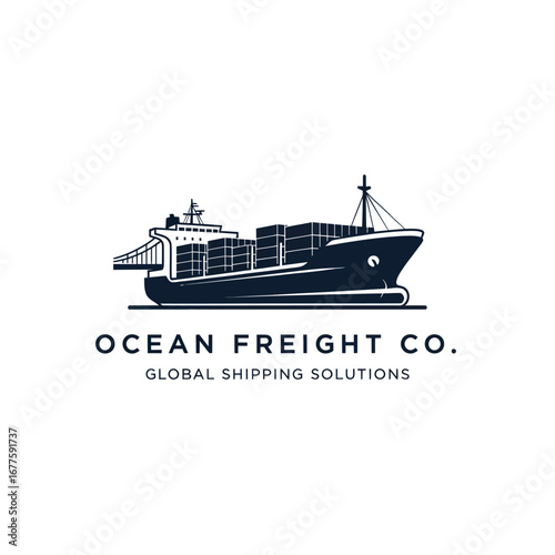 A stylized logo featuring a large cargo ship carrying containers, with the text "OCEAN FREIGHT CO. GLOBAL SHIPPING SOLUTIONS" below.