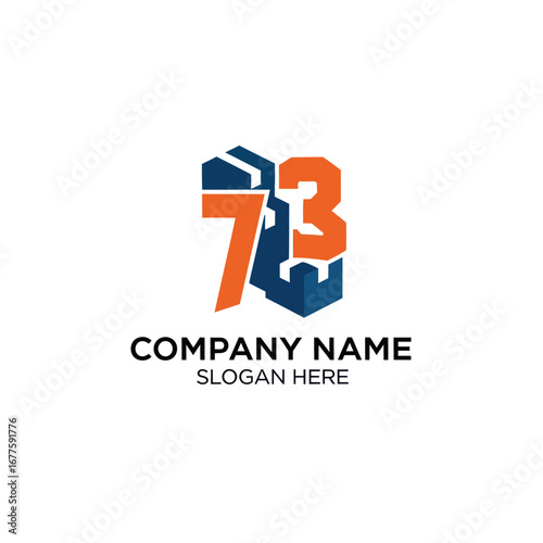 A modern logo design featuring the numbers 73 in orange, integrated with a blue hexagonal or castle-like structure, suitable for a company brand.