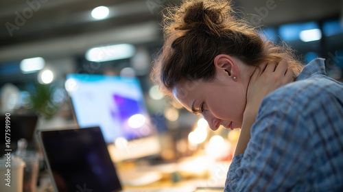 A woman in an office setting experiences discomfort, holding her neck. Bright computer screens and office lights surround her.