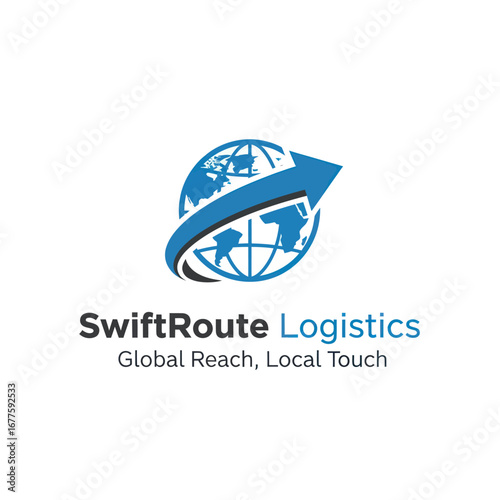 Logo for SwiftRoute Logistics, a global shipping company, featuring a blue globe and an arrow symbolizing worldwide reach and efficient delivery.
