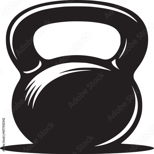 A simple graphic of a black kettlebell on a white background with a small shadow underneath it