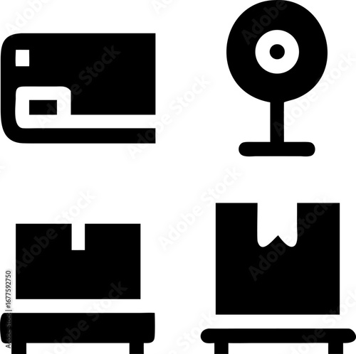 Modern delivery icons: camera surveillance, payment card, package shipping, simple and professional