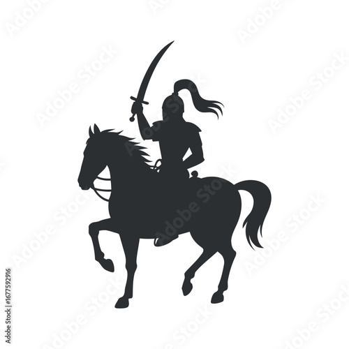 Silhouette of a Horseback Warrior with Sword Raised Against Transparent Background Vector Illustration