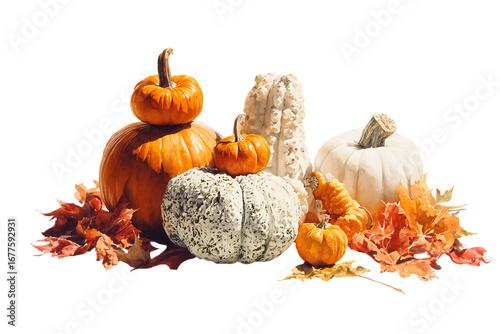 Assortment of colorful pumpkins and gourds with autumn leaves.