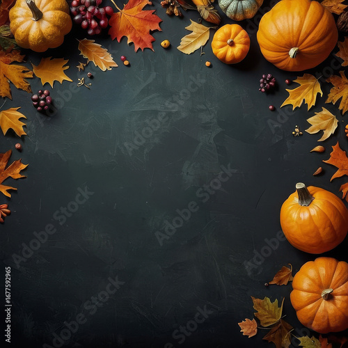Autumn pumpkin arrangement with colorful leaves on dark background  