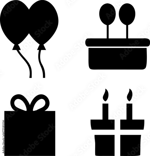 Celebration essentials including festive balloons, birthday cake, gifts, and glowing candles of happiness