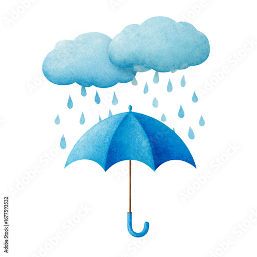 Blue umbrella shielding from falling raindrops and clouds.