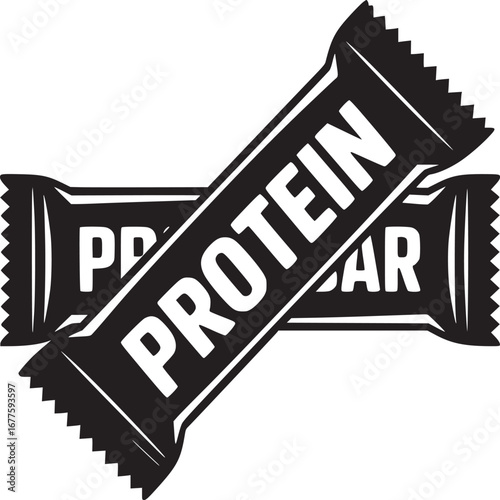 Two black and white protein bars stacked diagonally on a white background in a simple illustration