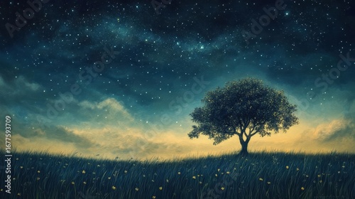 A serene landscape featuring a solitary tree under a starry night sky, with gentle clouds and a field of wildflowers, evoking tranquility and nature's beauty.