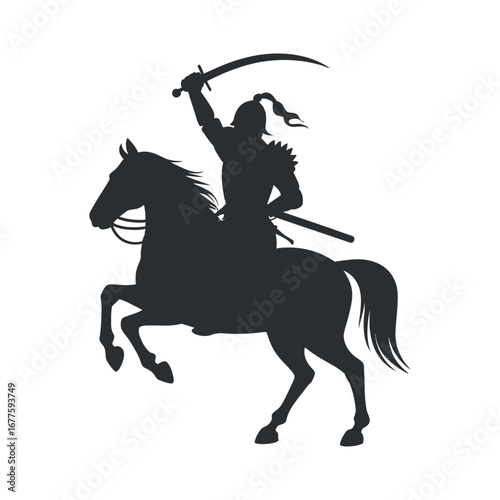 Silhouette of a Warrior on Horseback Wielding a Sword Against a Transparent Backdrop Depicting Bravery and Power