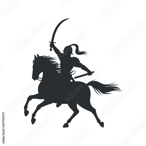 Silhouette Vector of Cossack Warrior on Horseback with Sword Raised High for Historical Illustrations