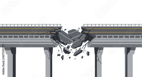 Cracked highway bridge with debris falling into empty space  