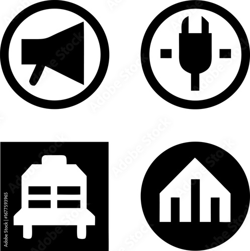 Icon set featuring megaphone, power plug, bus, and house with bar graph for communication, energy, transport, and real estate.