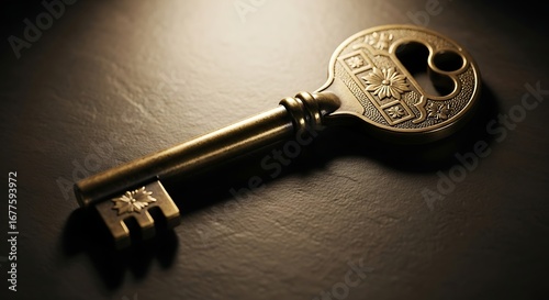 Antique Skeleton Key on Dark Surface.