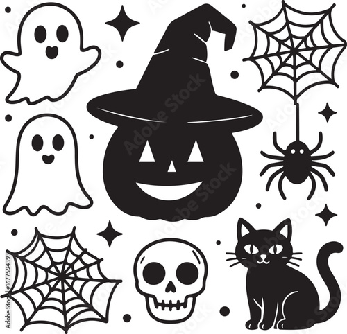 Black Halloween Vector Icon Set – Solid Silhouette Pumpkin, Ghost, Skull, Witch Hat, Cat, Spider Web
