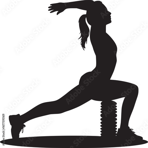 Silhouette of woman stretching with foam roller in a lunge position on a white background studio shot