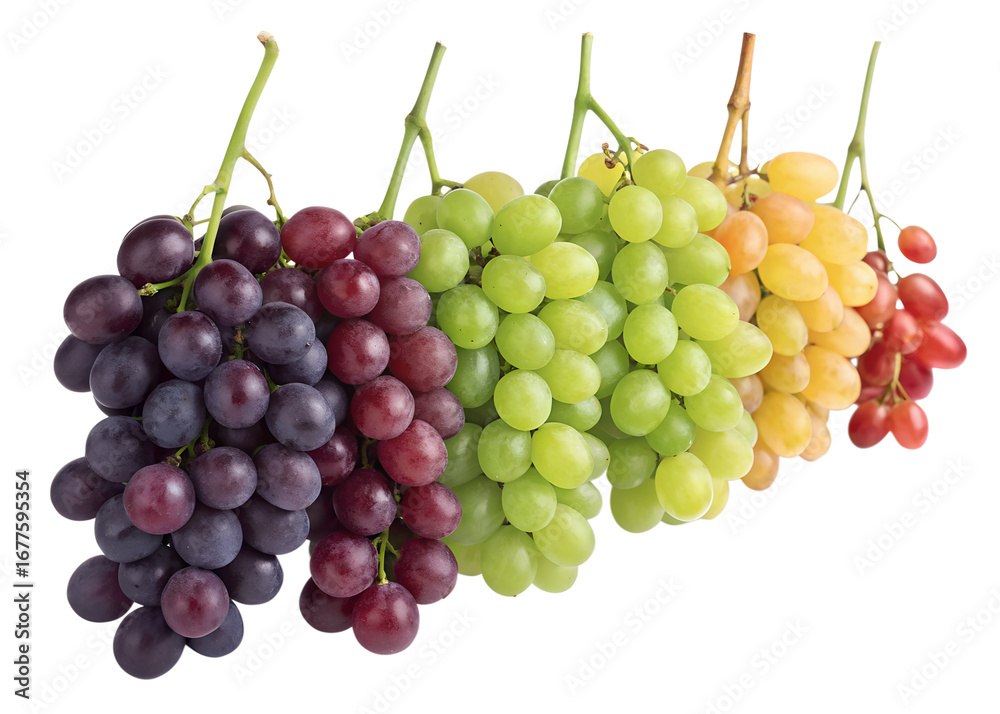 Fototapeta premium Juicy grapes freshly picked, stem attached, photorealistic, white background.