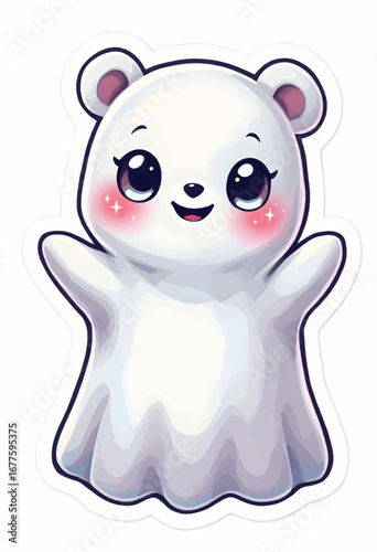 Cute white bear dressed as a ghost with raised arms and sparkly cheeks in cartoon style