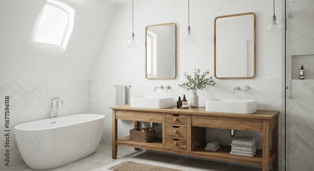 A bright, modern bathroom with a wooden double vanity