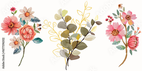 Three delicate watercolor botanical arrangements featuring roses and eucalyptus in soft hues white background