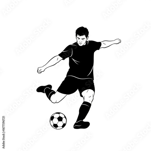 Stylized black and white silhouette of a soccer player kicking a ball