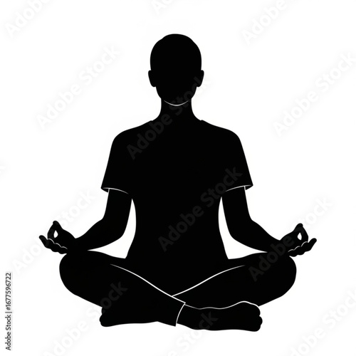 Silhouette of a person meditating in a lotus position on a white background