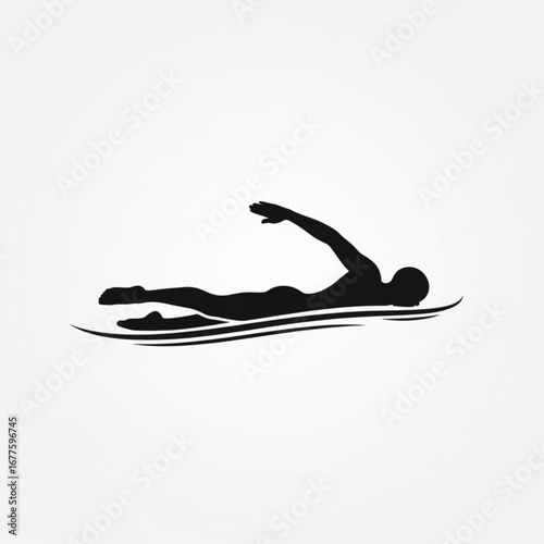 Silhouette of a swimmer performing the freestyle stroke with stylized water waves