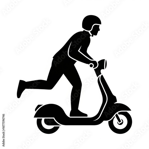 Silhouette of a person riding a scooter wearing a helmet