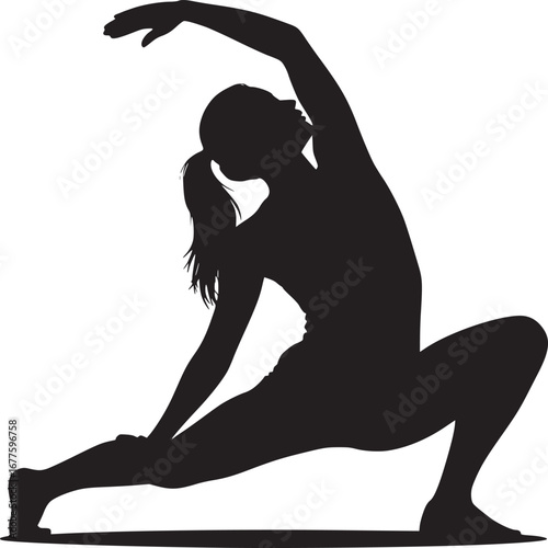 Silhouette of a woman in a yoga pose with one arm raised and one leg extended on a white background